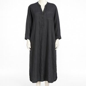 Muji Linen Dress Long Sleeve Button Shirt Dress Black Minimalist Dark Romantic M